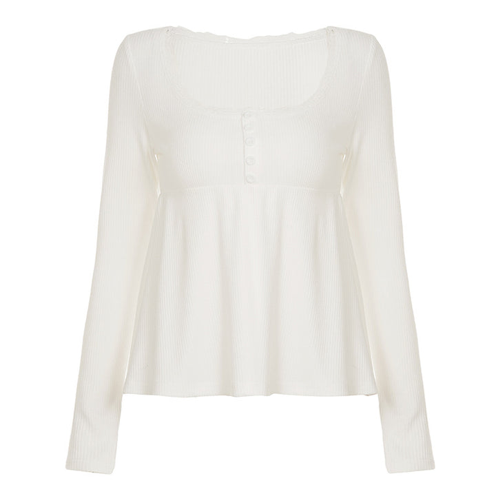 Women's long-sleeve top with empire waist, delicate button placket and lace trim Mune Fashion