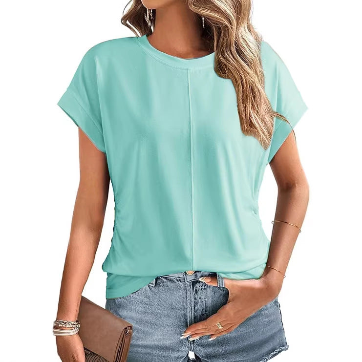 Women's Relaxed-Fit Short Sleeve Shirt with Decorative Center Seams and Cuffed Sleeves Mune Fashion