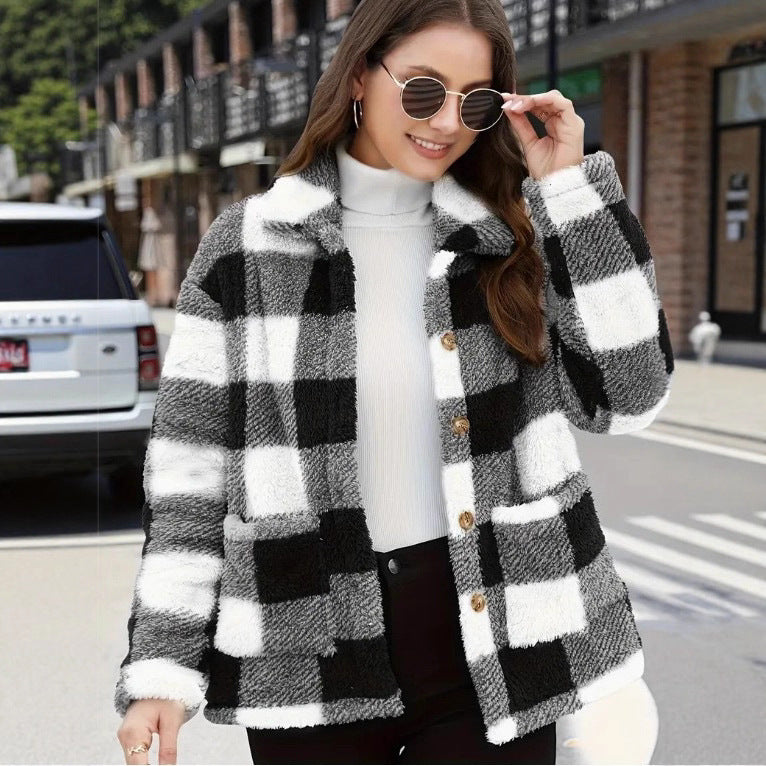 Ladies non-padded checkered teddy fleece shacket with button placket and patch pockets Mune Fashion