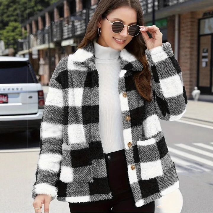 Ladies non-padded checkered teddy fleece shacket with button placket and patch pockets Mune Fashion