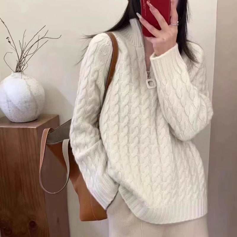 Women Oversize Cable Knit Fine Knit Sweater with Half Zipper and Stand-up Collar Mune Fashion