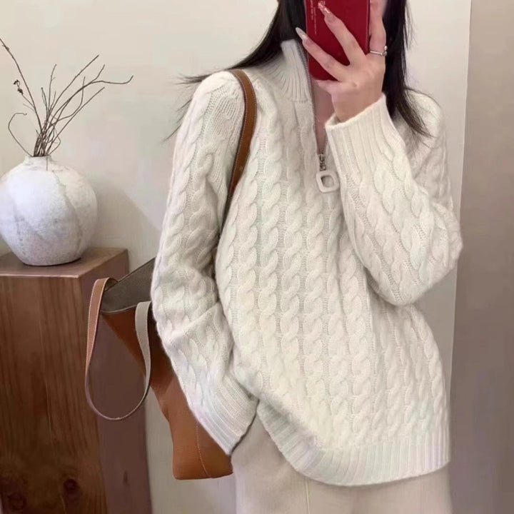 Women Oversize Cable Knit Fine Knit Sweater with Half Zipper and Stand-up Collar Mune Fashion