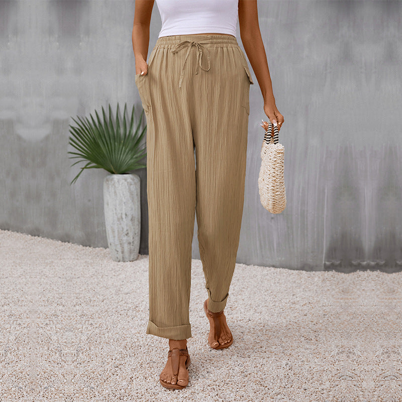 Women's Lightweight Linen Look Pants with Elastic Waistband, Drawstring and Straight Leg Mune Fashion