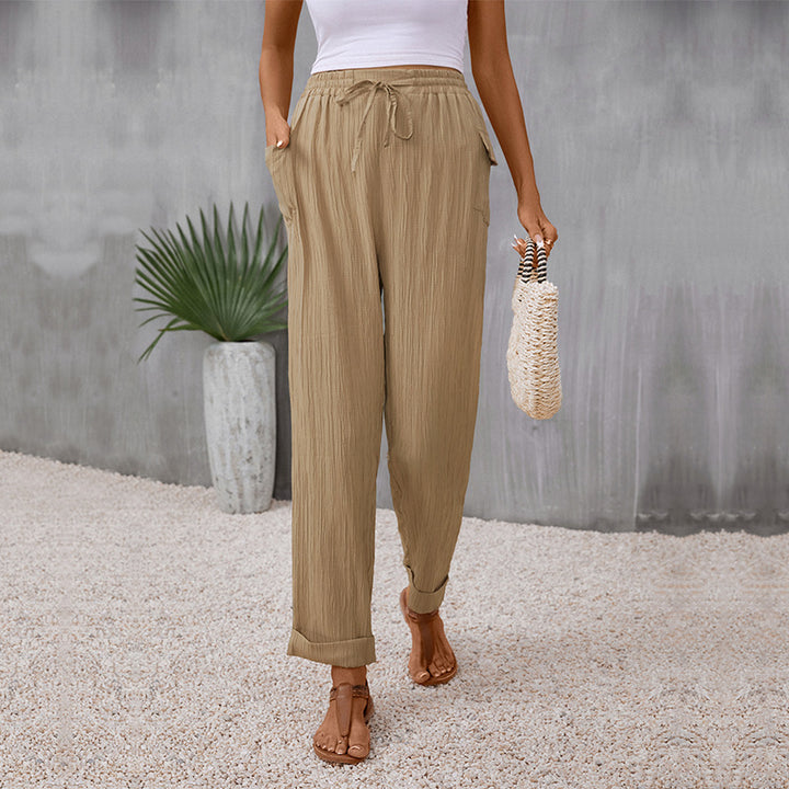 Women's Lightweight Linen Look Pants with Elastic Waistband, Drawstring and Straight Leg Mune Fashion