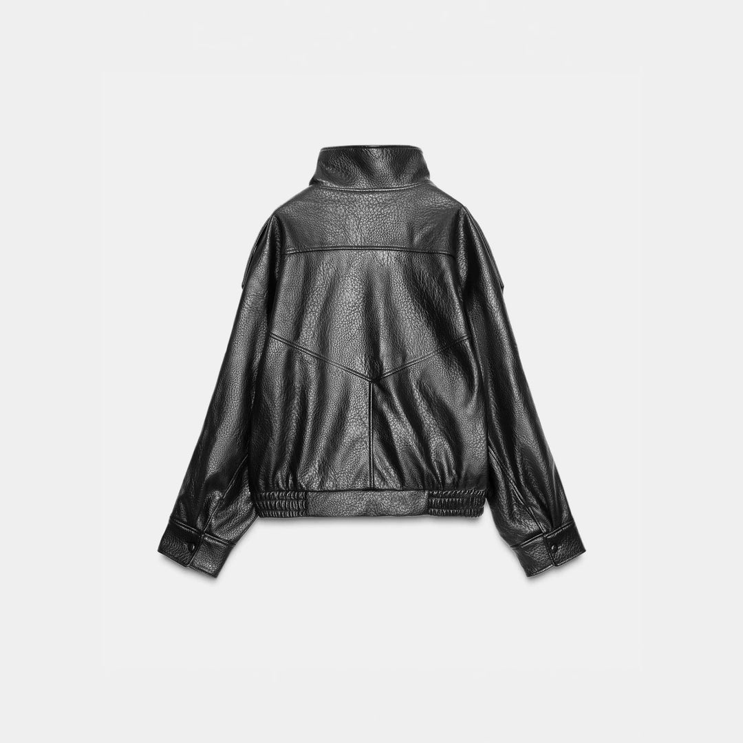 Men's short-cut leather jacket with high stand-up collar and ribbed hem Mune Fashion