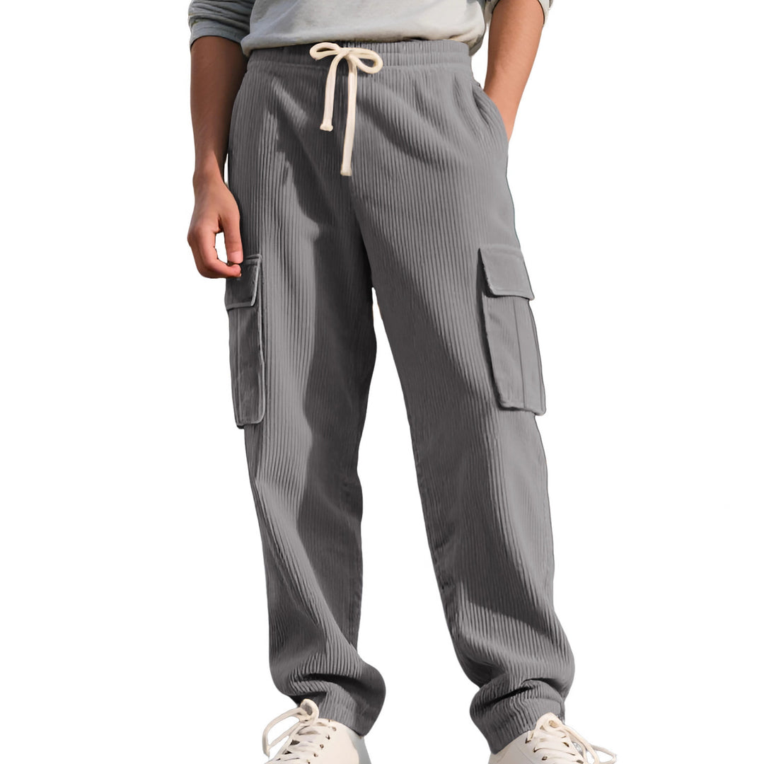Men's casual utility cargo joggers with vertical ribbed structure, drawstring waistband, and large flap pockets Mune Fashion