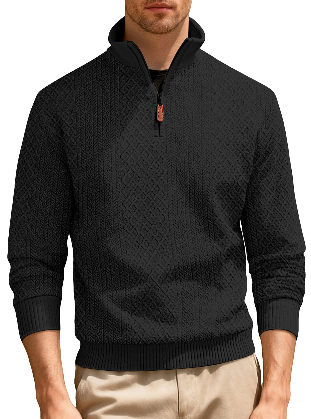 Men's half-zip pullover in fine-structured jacquard relief with high stand-up collar and leather zipper Mune Fashion