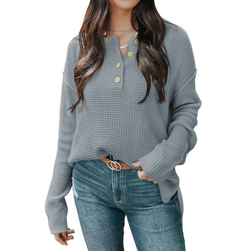 Women's Relaxed Waffle Texture Henley Pullover with Button Placket and Dropped Shoulder Mune Fashion