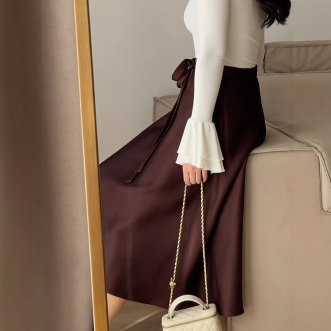 Women High-Waisted A-Line Midi Skirt with Ties and Satin Finish Mune Fashion