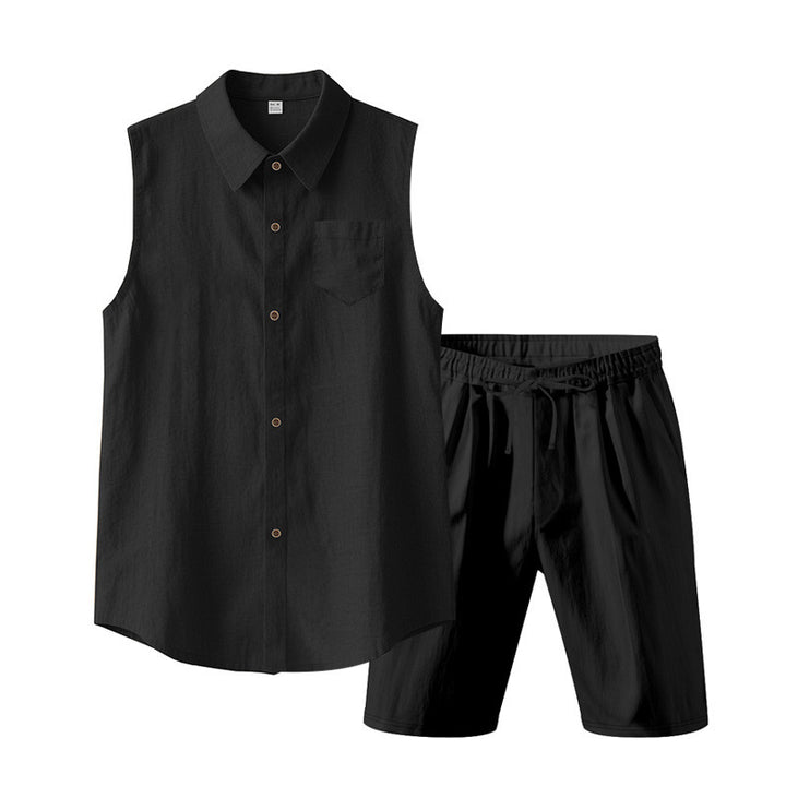 Men's sleeveless shirt and shorts set made of cotton-linen with kent collar and elastic drawstring waistband Mune Fashion