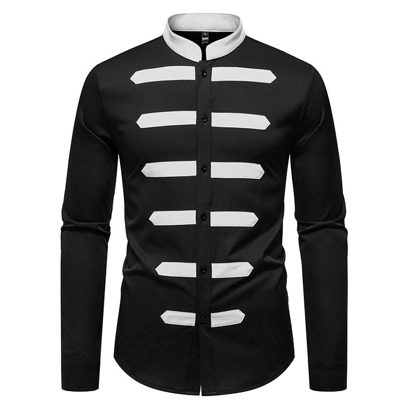 Men's Slim-Fit Shirt with Stand Collar and Decorative Piping Stripes Mune Fashion