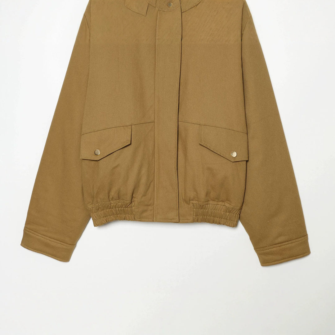 Women's lightweight field jacket made of cotton blend with concealed snap button placket, shirt collar, and elastic hem Mune Fashion