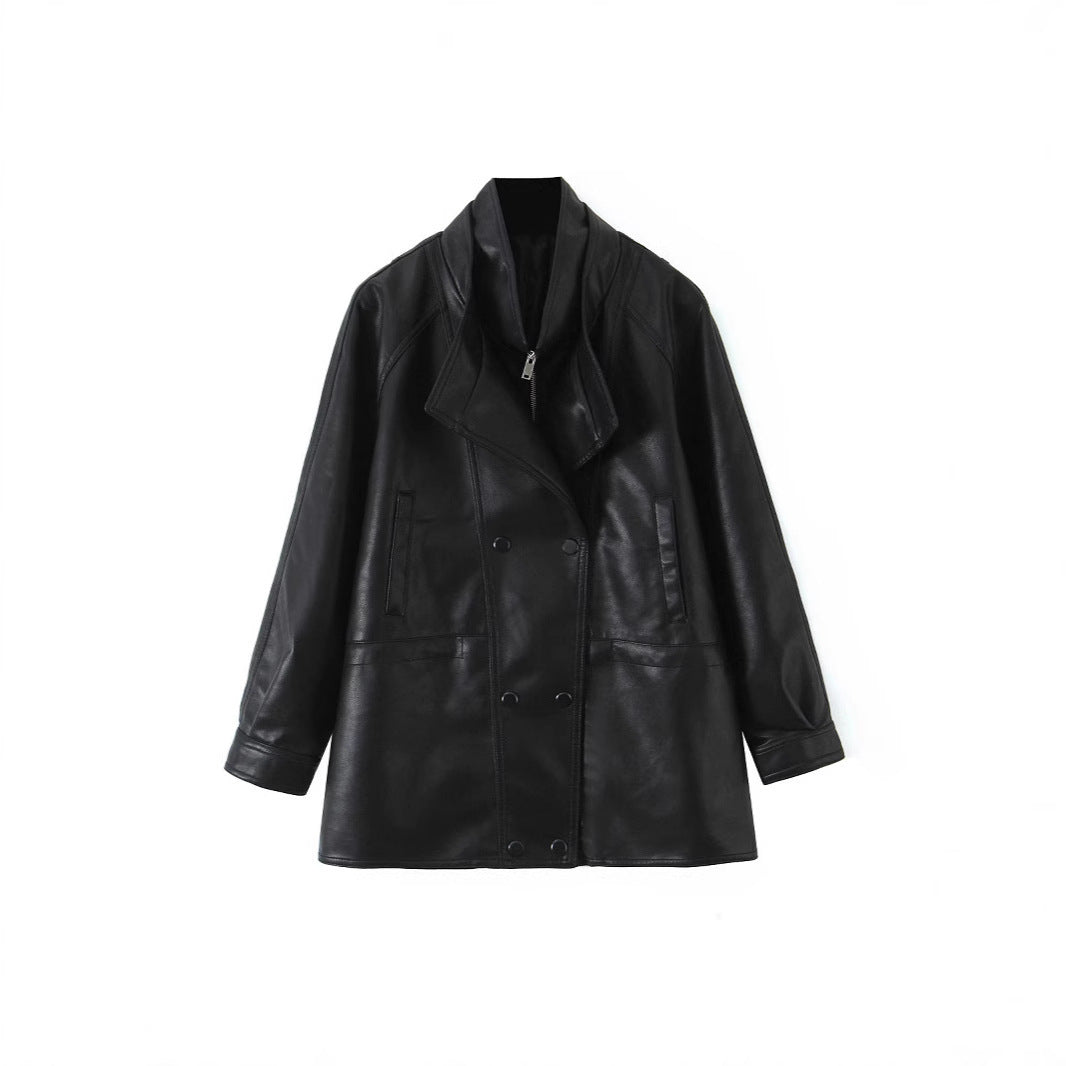 Women's Oversized Faux Leather Jacket with High Standing Collar and Double-Breasted Button Placket Mune Fashion