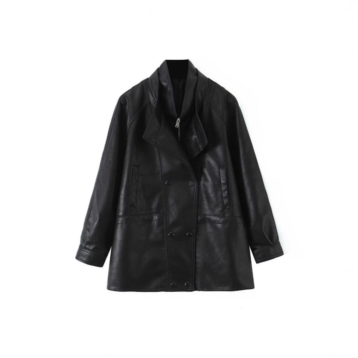 Women's Oversized Faux Leather Jacket with High Standing Collar and Double-Breasted Button Placket Mune Fashion
