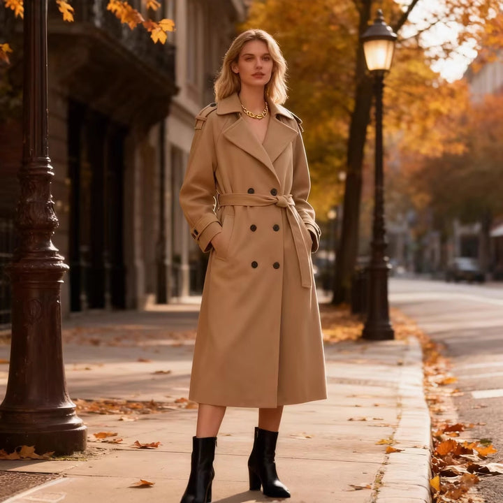Women Long Double-breasted Trench Coat with Belt and Shoulder Straps Mune Fashion
