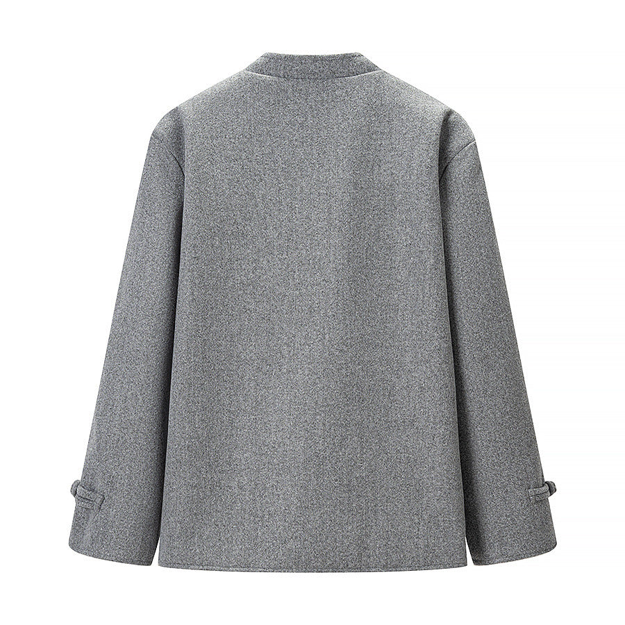 Women's Wool Look Short Jacket with Stand-Up Collar and Knot Closures Mune Fashion