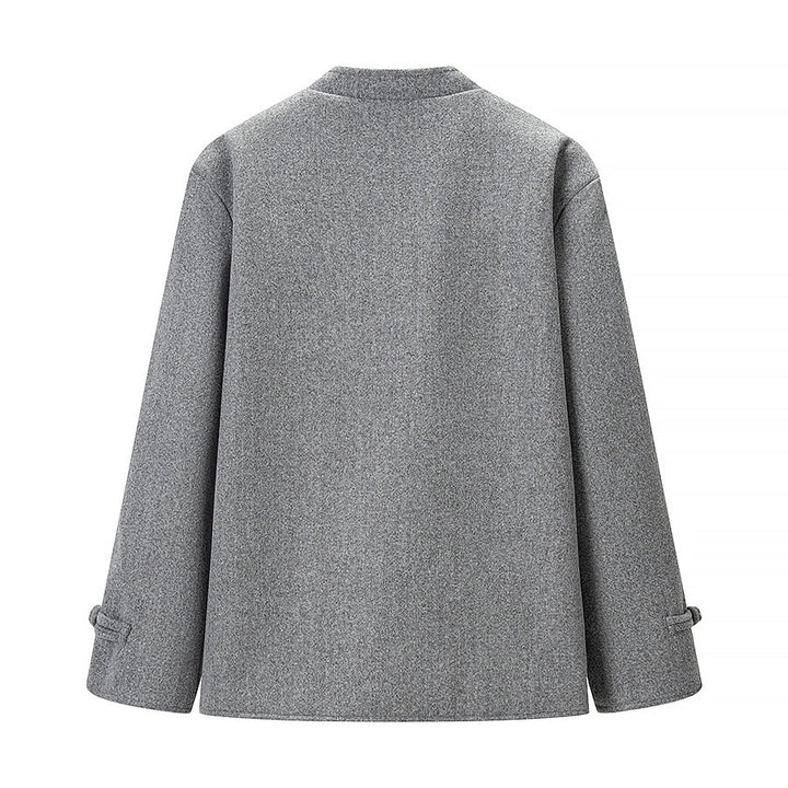 Women's Wool Look Short Jacket with Stand-Up Collar and Knot Closures Mune Fashion