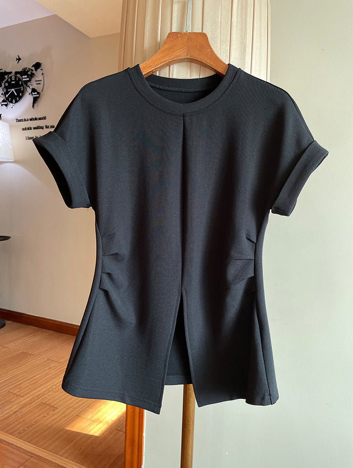 Women Short-Sleeved Structured Jersey Shirt with Waist Gatherings and Front Slit Mune Fashion