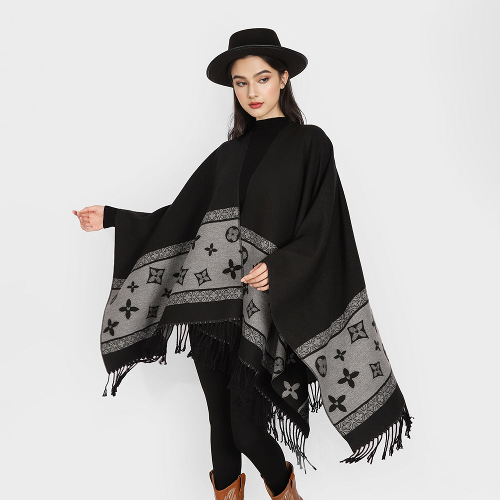 Women's Fringe Cape Poncho in Jacquard Wool Blend with Asymmetrical Pointed Hem Mune Fashion