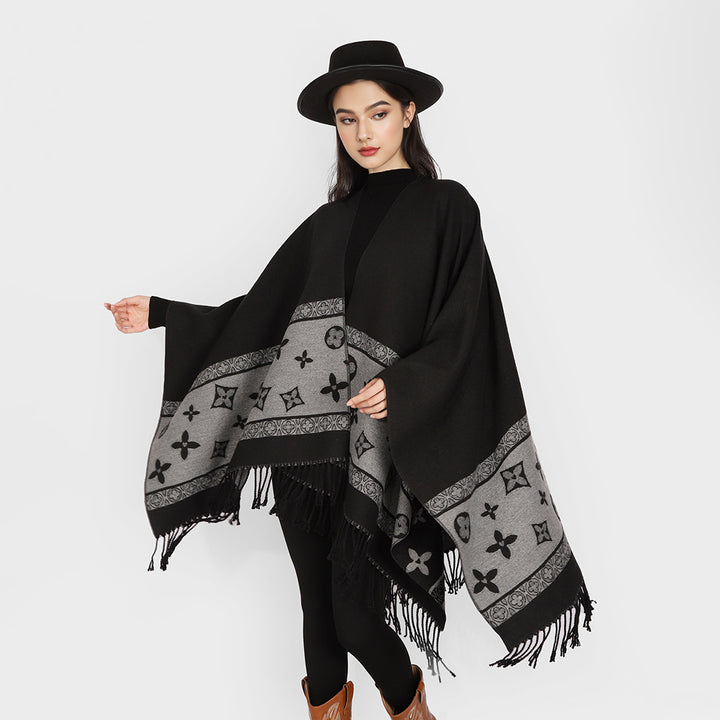 Women's Fringe Cape Poncho in Jacquard Wool Blend with Asymmetrical Pointed Hem Mune Fashion