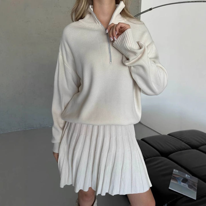 Ladies cozy knit set with zip-up sweater and pleated skirt Mune Fashion