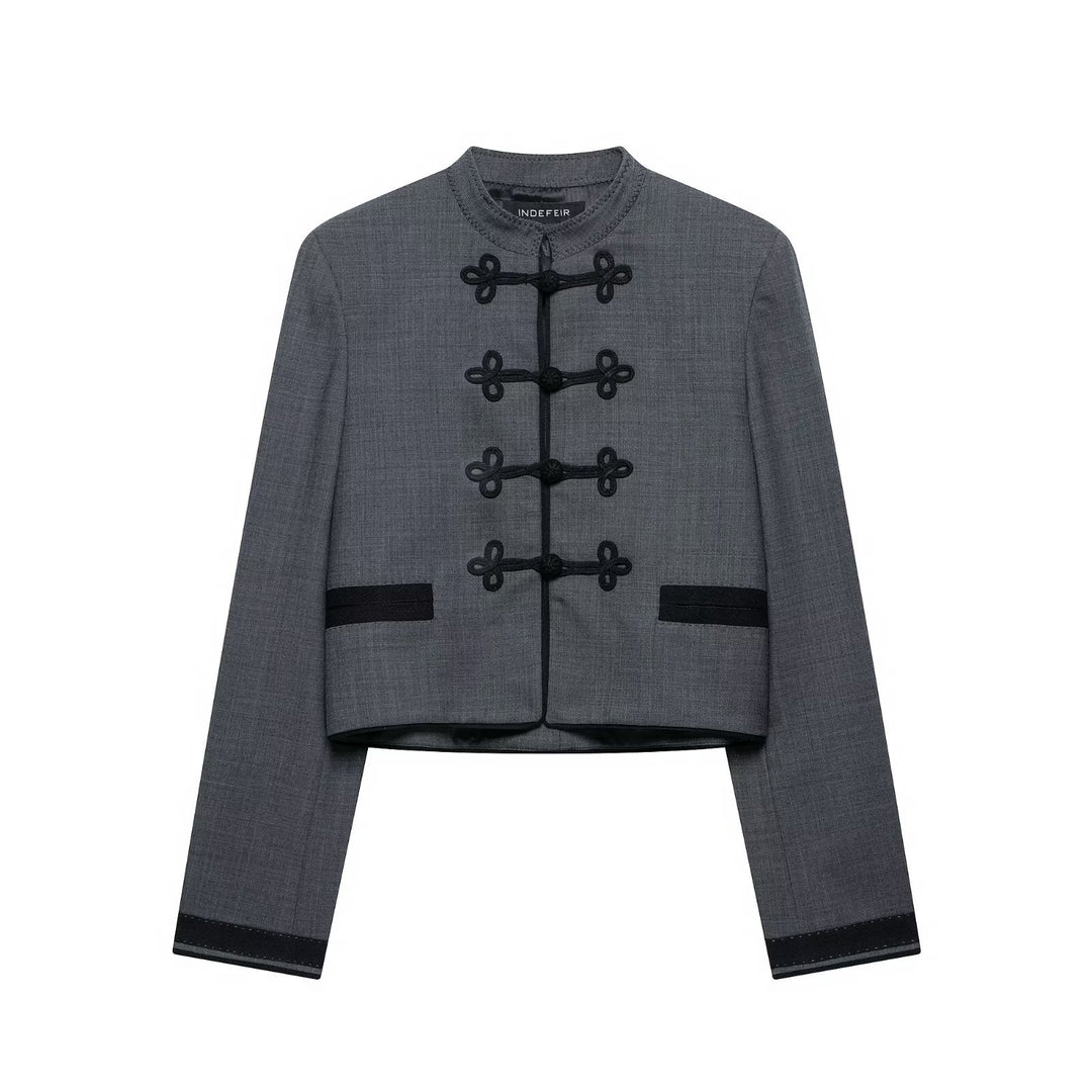 Women's short blazer in Mandarin style with decorative frog buttons Mune Fashion