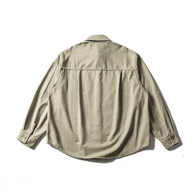 Unisex Oversized Shirt Jacket with Embroidered Leaf Motifs and Rounded Hem Mune Fashion