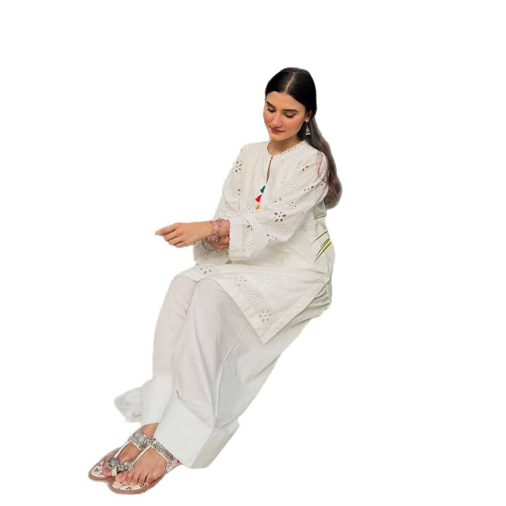 Women Loose Tunic Set with Broderie Anglaise and Wide Harem Pants Mune Fashion