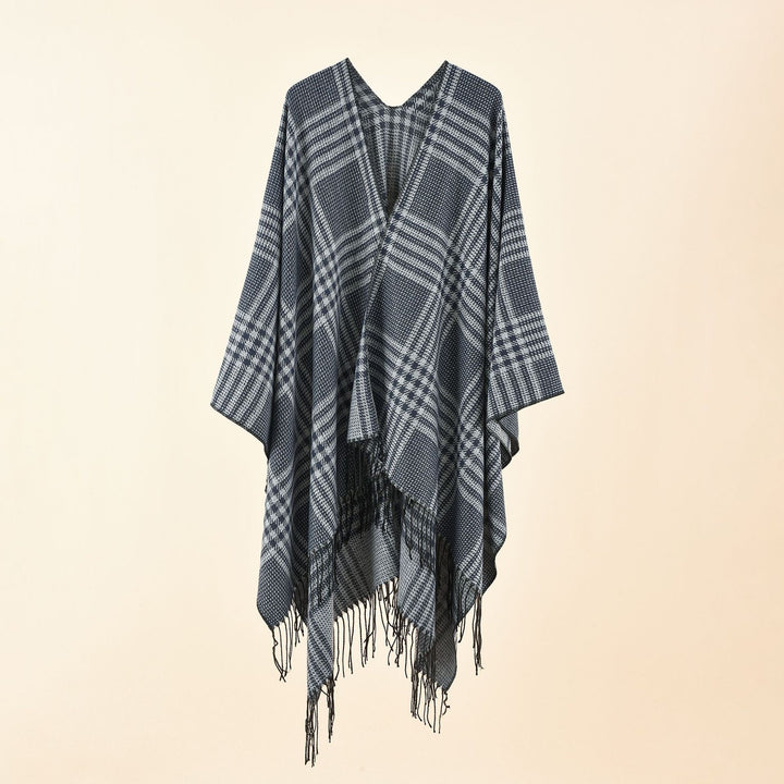 Women's Ruana Poncho with V-neck, boxy kimono fit, and fringe hem Mune Fashion