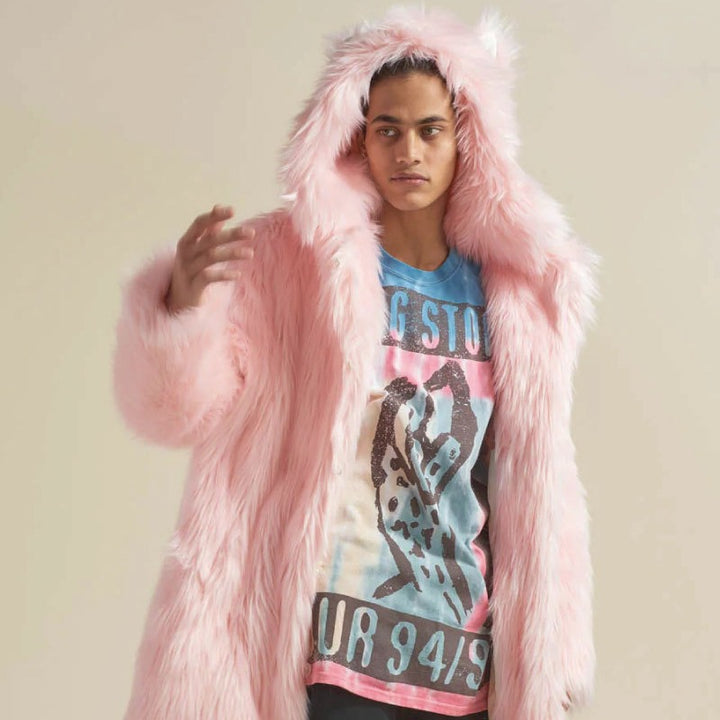 Women's Longer Hooded Faux Fur Coat with Animal Ears and Fluffy High Pile Mune Fashion