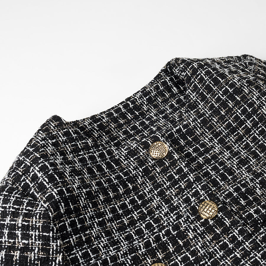 Women's Boucle Tweed Jacket with Round Neckline, Gold Decorative Buttons and Patch Pockets Mune Fashion