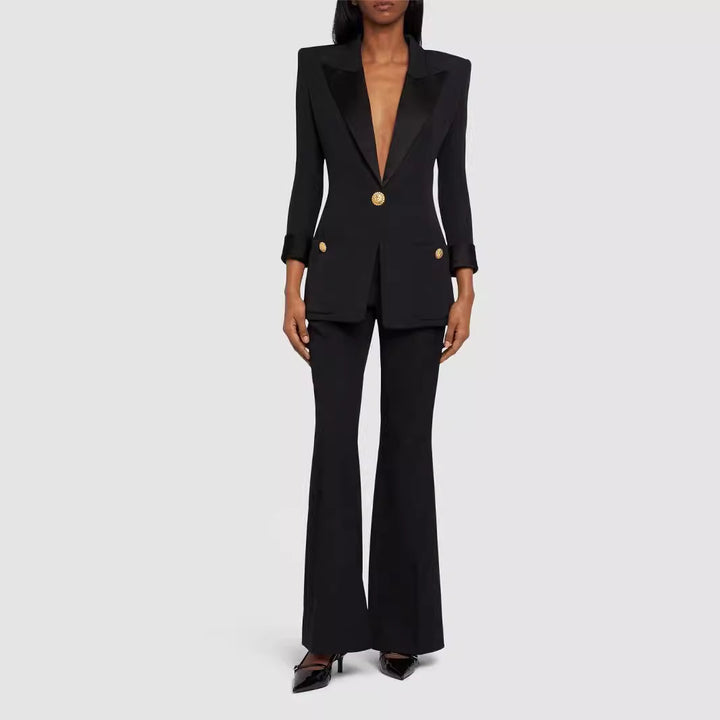 Women's Tailored Tuxedo Blazer with Satin Shawl Collar and Decorative Medallion Buttons Mune Fashion