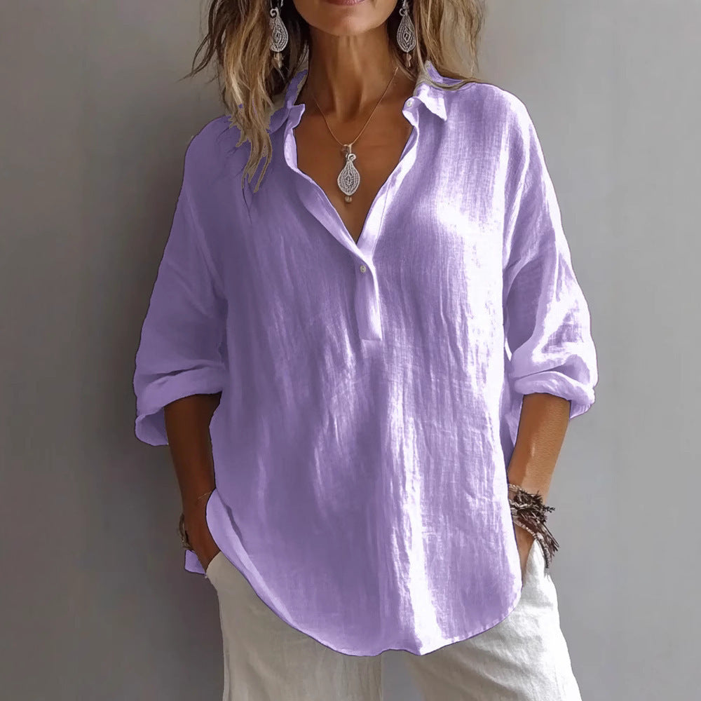 Women's Casual Linen Shirt with Button Placket and Wide Sleeves Mune Fashion