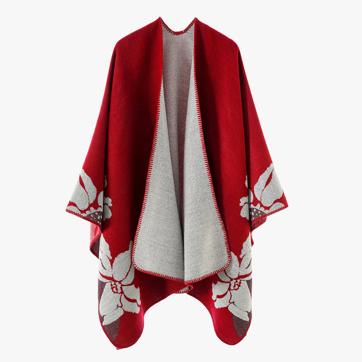 Women's Reversible Wool Blend Cape with Floral Jacquard and Open Draping Mune Fashion