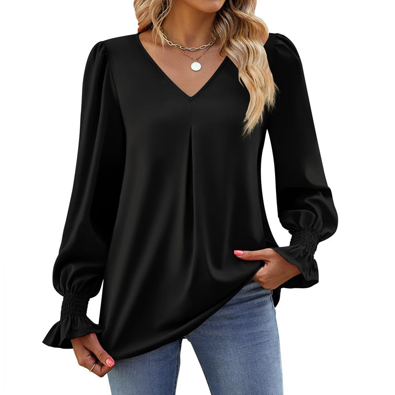 Women's V-neck blouse with pleat and gathered cuffs Mune Fashion
