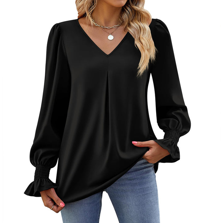 Women's V-neck blouse with pleat and gathered cuffs Mune Fashion