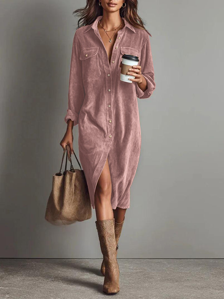 Women's shirt dress made of corduroy with breast pockets, button placket and slit Mune Fashion