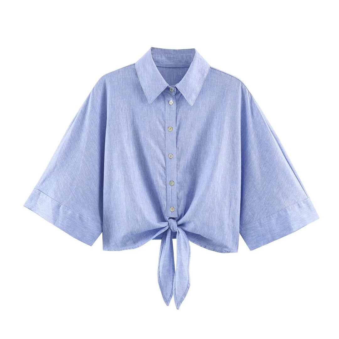 Women's short-cut blouse with knot tie, shirt collar and wide batwing sleeves Mune Fashion