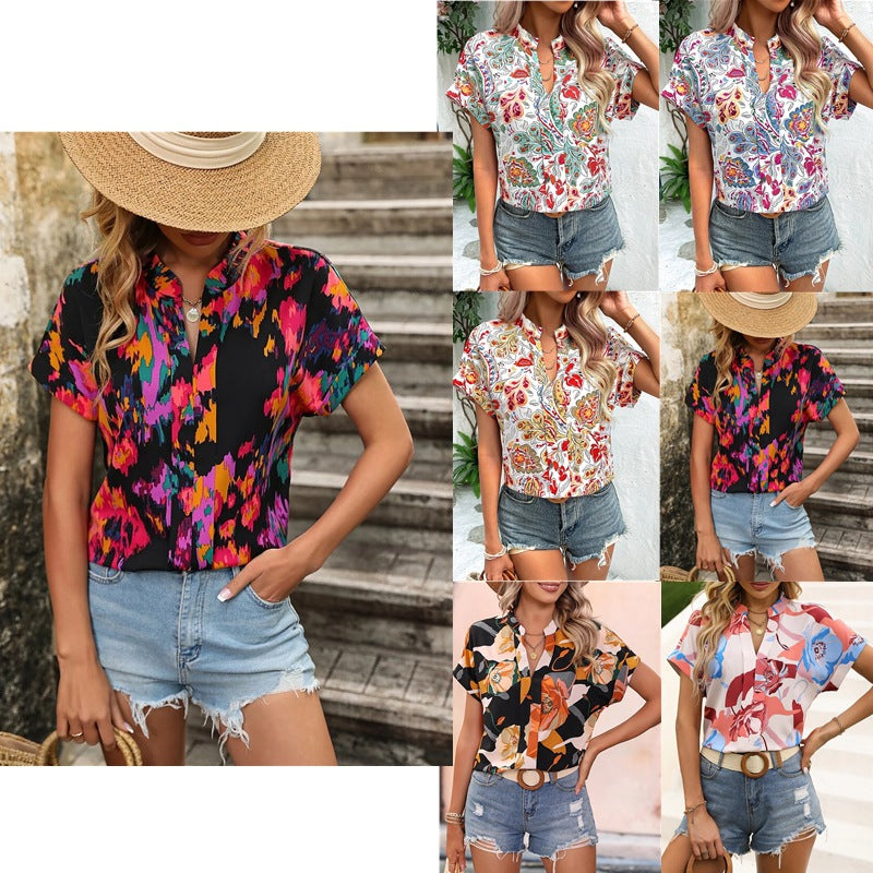 Ladies Lightweight Oversized Tunic Blouse with Stand-up Collar, Cap Sleeves and Large Floral Print Mune Fashion