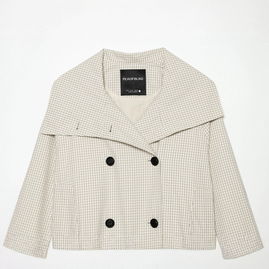 Women's short cut double-breasted trench coat with oversized shawl collar and elastic hem Mune Fashion