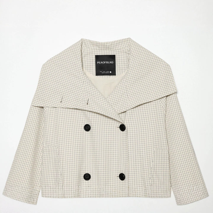 Women's short cut double-breasted trench coat with oversized shawl collar and elastic hem Mune Fashion