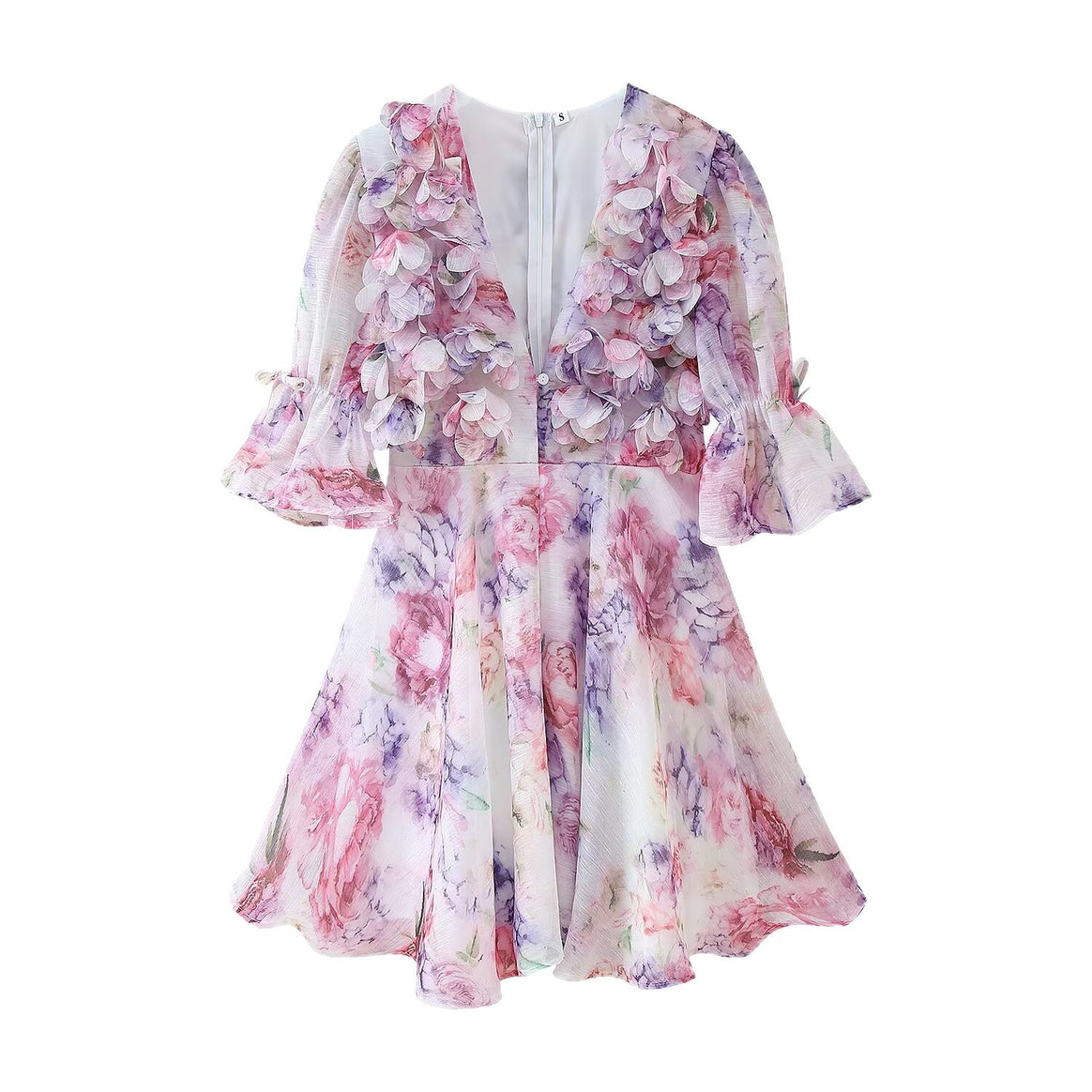 Ladies Romantic Pleated Chiffon Mini Dress with Deep V-Neck and Ruffle Puff Sleeves Mune Fashion