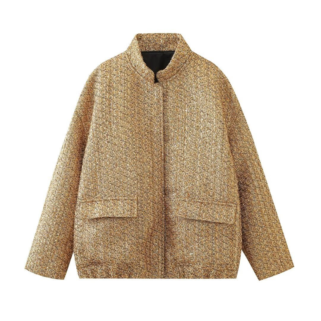 Women's casual tweed jacket with short stand-up collar, concealed front, and patch pockets Mune Fashion