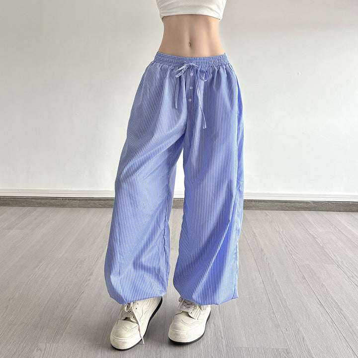 Women Wide Lounge Pants with Smocked Waistband, Drawstring, Button Placket, and Elastic Cuffs Mune Fashion