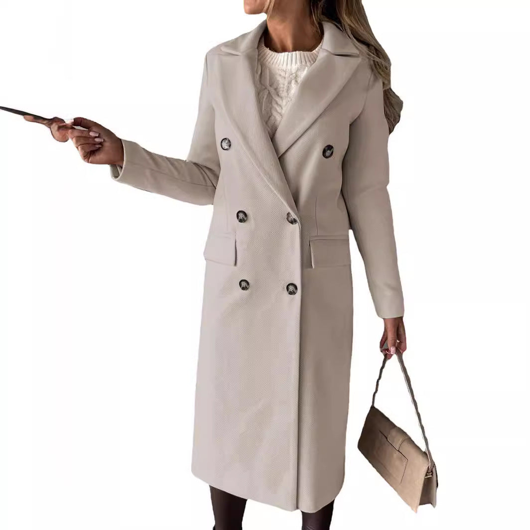 Women's Double-Breasted Wool Blend Coat with Lapel Collar and Flap Pockets Mune Fashion