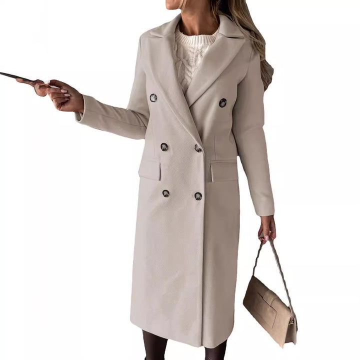 Women's Double-Breasted Wool Blend Coat with Lapel Collar and Flap Pockets Mune Fashion