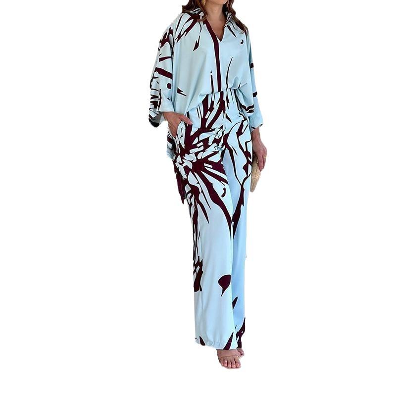Women's Patterned Kimono Lounge Set with Wide Palazzo Pants made of Lightweight Viscose Mix Mune Fashion