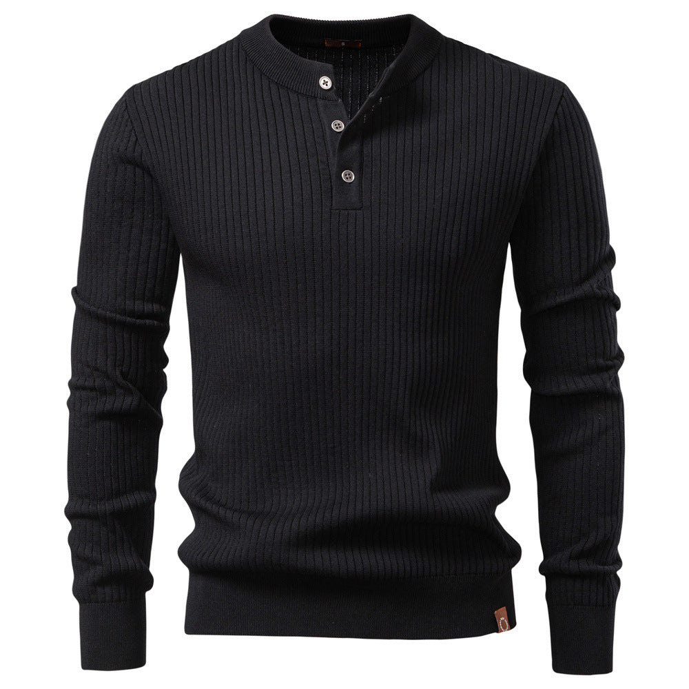 Men's ribbed long-sleeve henley pullover with stand-up collar, fine rib knit and slim fit Mune Fashion