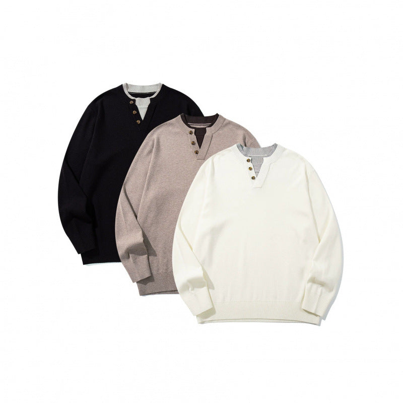 Unisex knit sweater with Henley button placket, contrast collar and boxy cut Mune Fashion