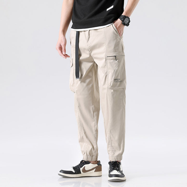 Men's Lightweight Utility Cargo Pants in Jogger Style with Integrated Belt Strap and Zipper Pockets Mune Fashion